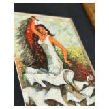 Framed Miniature Painting - Woman in White Dress with Floral Garden
