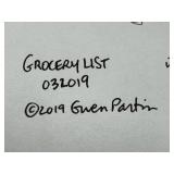 Grocery List - Gwen Portin 2019, Ink Wash/Acrylic/Colored Pencil, Framed 13 x 16 in