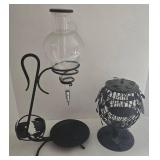 Vintage Etched Glass Wine Aerator Dispenser with Black Metal Cork Cage