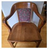 Vintage Bankers Wood Armchair with Tapestry Back Panel & Nailhead Trim