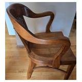 Vintage Bankers Wood Armchair with Tapestry Back Panel & Nailhead Trim