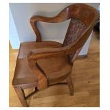 Vintage Bankers Wood Armchair with Tapestry Back Panel & Nailhead Trim