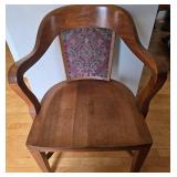 Vintage Bankers Wood Armchair with Tapestry Back Panel & Nailhead Trim