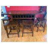 High-Top Table With 4 Wood Stools - Dark Walnut Finish, Built-In Cubby Storage