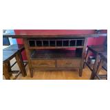 High-Top Table With 4 Wood Stools - Dark Walnut Finish, Built-In Cubby Storage