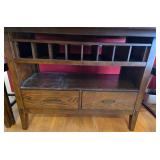 High-Top Table With 4 Wood Stools - Dark Walnut Finish, Built-In Cubby Storage