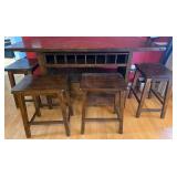 High-Top Table With 4 Wood Stools - Dark Walnut Finish, Built-In Cubby Storage