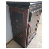 Antique Hand-Painted Black & Red Floral Cabinet with Top Drawer