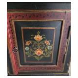 Antique Hand-Painted Black & Red Floral Cabinet with Top Drawer