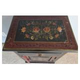 Antique Hand-Painted Black & Red Floral Cabinet with Top Drawer