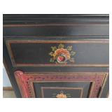 Antique Hand-Painted Black & Red Floral Cabinet with Top Drawer