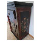 Antique Hand-Painted Black & Red Floral Cabinet with Top Drawer