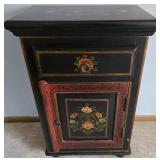 Antique Hand-Painted Black & Red Floral Cabinet with Top Drawer