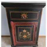 Antique Hand-Painted Black & Red Floral Cabinet with Top Drawer
