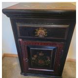 Antique Hand-Painted Black & Red Floral Cabinet with Top Drawer