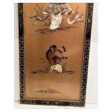 Oriental Sculpted Bone Panel Painting - 12 x 36 in, 37.5 in overall height with ornate hanger