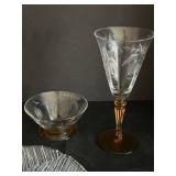 Etched Crystal Glassware Set - Amber Stemware, Salt Shaker & Leaf Plate