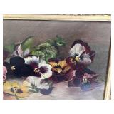 Antique Oil Painting on Board Panoramic Pansies in Gold Gilt Frame - 30 in W x 13.5 in H