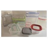 Lot of Plastic Food Storage Containers with Color-Lid Sets and Water Jug