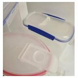 Lot of Plastic Food Storage Containers with Color-Lid Sets and Water Jug
