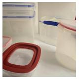 Lot of Plastic Food Storage Containers with Color-Lid Sets and Water Jug