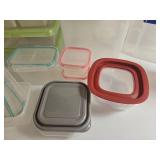 Lot of Plastic Food Storage Containers with Color-Lid Sets and Water Jug