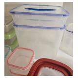 Lot of Plastic Food Storage Containers with Color-Lid Sets and Water Jug