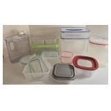 Lot of Plastic Food Storage Containers with Color-Lid Sets and Water Jug