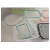 Lot of Plastic Food Storage Containers with Color-Lid Sets and Water Jug