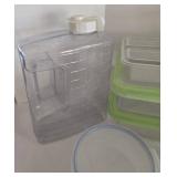 Lot of Plastic Food Storage Containers with Color-Lid Sets and Water Jug