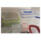 Lot of Plastic Food Storage Containers with Color-Lid Sets and Water Jug