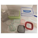 Lot of Plastic Food Storage Containers with Color-Lid Sets and Water Jug