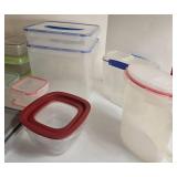 Lot of Plastic Food Storage Containers with Color-Lid Sets and Water Jug