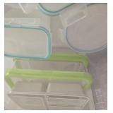 Lot of Plastic Food Storage Containers with Color-Lid Sets and Water Jug