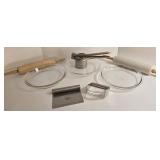 Glass Bakeware Lot: 3 Pie Plates, Potato Ricer, 2 Rolling Pins, Bench Scraper, Pastry Blender