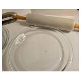 Glass Bakeware Lot: 3 Pie Plates, Potato Ricer, 2 Rolling Pins, Bench Scraper, Pastry Blender