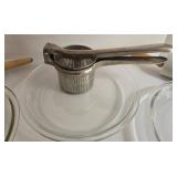 Glass Bakeware Lot: 3 Pie Plates, Potato Ricer, 2 Rolling Pins, Bench Scraper, Pastry Blender