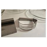 Glass Bakeware Lot: 3 Pie Plates, Potato Ricer, 2 Rolling Pins, Bench Scraper, Pastry Blender