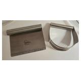 Glass Bakeware Lot: 3 Pie Plates, Potato Ricer, 2 Rolling Pins, Bench Scraper, Pastry Blender