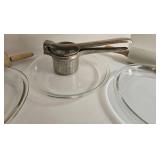 Glass Bakeware Lot: 3 Pie Plates, Potato Ricer, 2 Rolling Pins, Bench Scraper, Pastry Blender