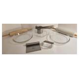 Glass Bakeware Lot: 3 Pie Plates, Potato Ricer, 2 Rolling Pins, Bench Scraper, Pastry Blender