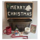 Merry Christmas Wood Sign, Metal Tub, Misc. Holiday Decor Bundle