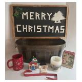 Merry Christmas Wood Sign, Metal Tub, Misc. Holiday Decor Bundle