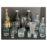 Toppling Goliath Growlers (2) & Leroux Brandy Bottle & Assorted Glassware
