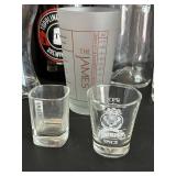 Toppling Goliath Growlers (2) & Leroux Brandy Bottle & Assorted Glassware