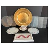 Upsala-Ekeby Tea Cup & Saucer, Dansk Tivoli Trivets (Lot of 3), Gold Charger Plate, Needlepoint Picture