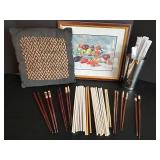 Asian Feel Home Decor Lot Includes Wooden Chopsticks Assorted Set in Stainless Steel Cup
