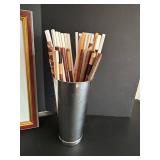 Asian Feel Home Decor Lot Includes Wooden Chopsticks Assorted Set in Stainless Steel Cup