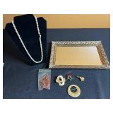Faux Pearl Necklace, Gold-Tone Jewelry, Red Coral Necklace & Ornate Dresser Mirror Tray
