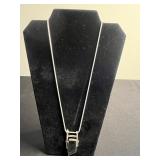 Signed Sterling Pendant Necklace - Rectangular Dark Stone on Silver-Tone Chain